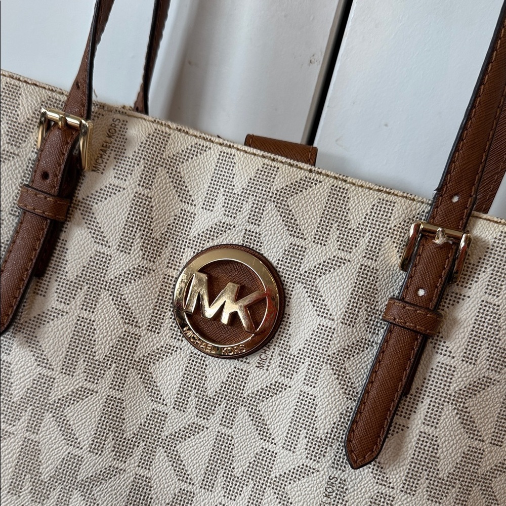 Michael Kors Cream and Brown Tote Bag coated leather gold purse handbag MK - Picture 2 of 11